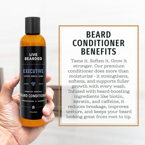 Live Bearded Beard Conditioner, 8 fl oz - Strengthens and Softens Facial Hair - Made in the USA - All-Natural Ingredients with Biotin, Caffeine | Executive Scent - Cedar, Vanilla