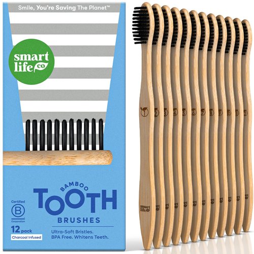 SmartLifeco Charcoal Bamboo Toothbrushes - Extra Soft Natural Bristles for Adults & Kids Teeth | Zero Waste Bulk Wooden Tooth Brush Travel Kit | BPA Free, Eco-Friendly, Vegan - (12 Pack)