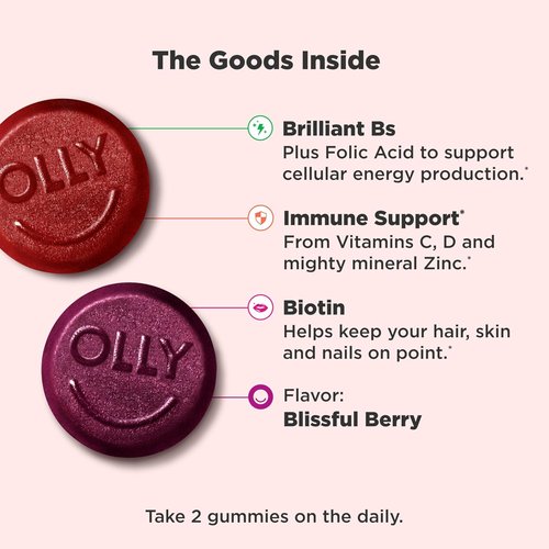 OLLY Daily Multivitamin Gummies - Chewable Vitamins A, D, C, E & Biotin, Berry Flavor | 130 Count (65 Day Supply)