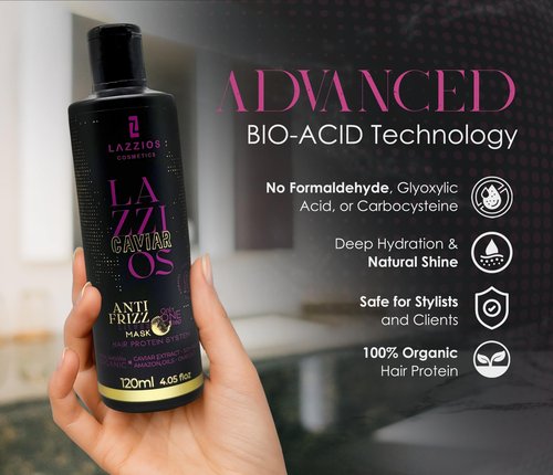 Lazzios Caviar Organic Hair Protein – Brazilian Professional Straightening & Smoothing Treatment – Formaldehyde-Free Formula with No Toxic Acids, Hyaluronic Acid, Keratin, Caviar & Argan Oil – 120 ml