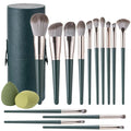 Amrules Makeup Brushes, 14 Pcs Professional Makeup Brush Set, Eye and Face Foundation Brush Set, Eyeshadow Brushes, Cosmetic Brushes with 2 Blender Sponge and PU Makeup Pail, Dark Green