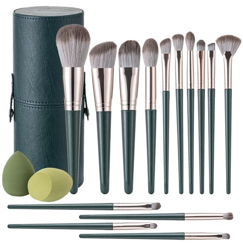 Amrules Makeup Brushes, 14 Pcs Professional Makeup Brush Set, Eye and Face Foundation Brush Set, Eyeshadow Brushes, Cosmetic Brushes with 2 Blender Sponge and PU Makeup Pail, Dark Green