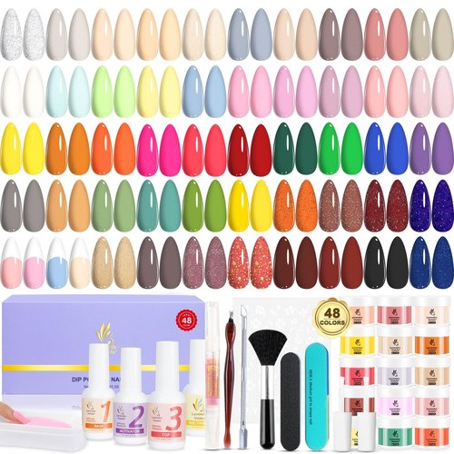 Lavender Violets Dip Powder Nail Kit 48 Colors Pink Red Purple Brown with Dip Powder Liquid Set and Essential Manicure Tools for Home Salon Manicure Nail Art Design G905