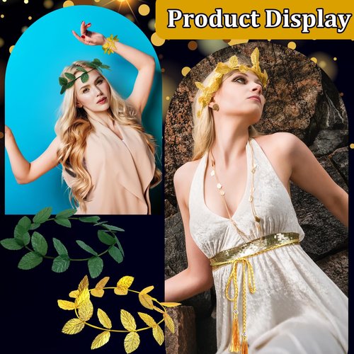 Suncalla 40 Pcs Greek Headband for Toga Party, 7.28 Inch Gold and Green Laurel Wreath Headbands, Greek Roman Goddess Headbands, Golden Leaf Crown Headpiece for Women, Toga Party Decor and Photo Props