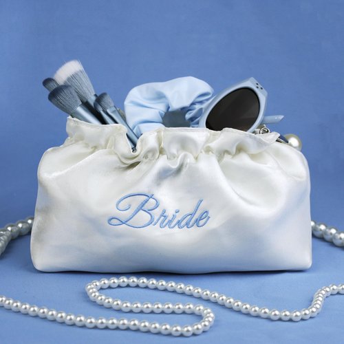 Lauusiusi Creamy White Satin Bride Cosmetic Bag Something Blue Embroidered Silk Makeup Bag Bling Pearl Bride To Be Purse for Bridal Shower Bachelorette Party Women Wedding Engagement Gift