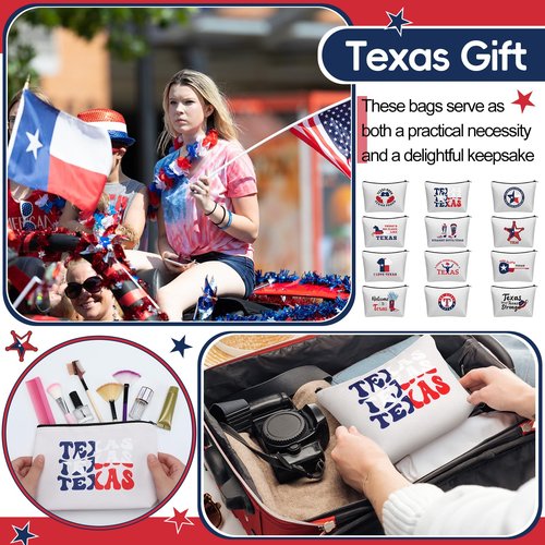 Bulyoou 12 Pcs Texas Souvenirs Gifts Novelty Cosmetic Makeup Bag Gift Red White Blue Zipper Pouch Bag Texas State Independence Day Gifts for Women Home Birthday Party Favors