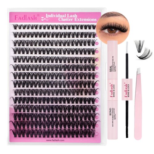 FADLASH Lash Clusters Kit 280PCS Individual Eyelash Clusters D Curl 8-16mm Eyelash Extension Kit with Lash Bond and Seal Lash Tweezer for Beginners (40D-0.07D-8-16mm KIT)