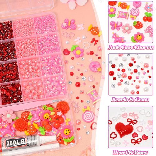 AnoleAir Junk Case Charms Kit, Pink Red Pearls Resin Rhinestones Bedazzling Kit, Cute Candy Bear Cartoon Phone Cases Charms, Junk Case with Big Charm for Crafts Nail Art DIY Accessories