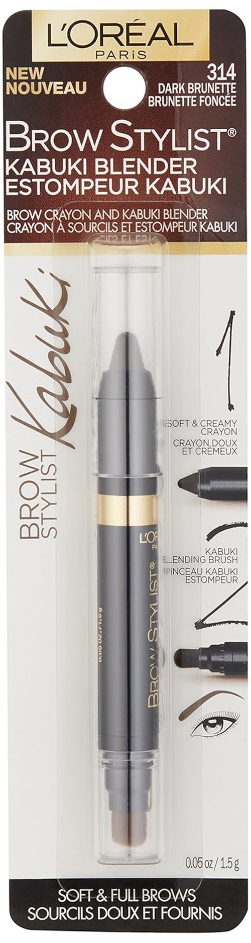 L'Oréal Paris Brow Stylist - Kabuki Blender Brow Crayon for Perfect Brows | Dark Brunette, 0.05 oz.