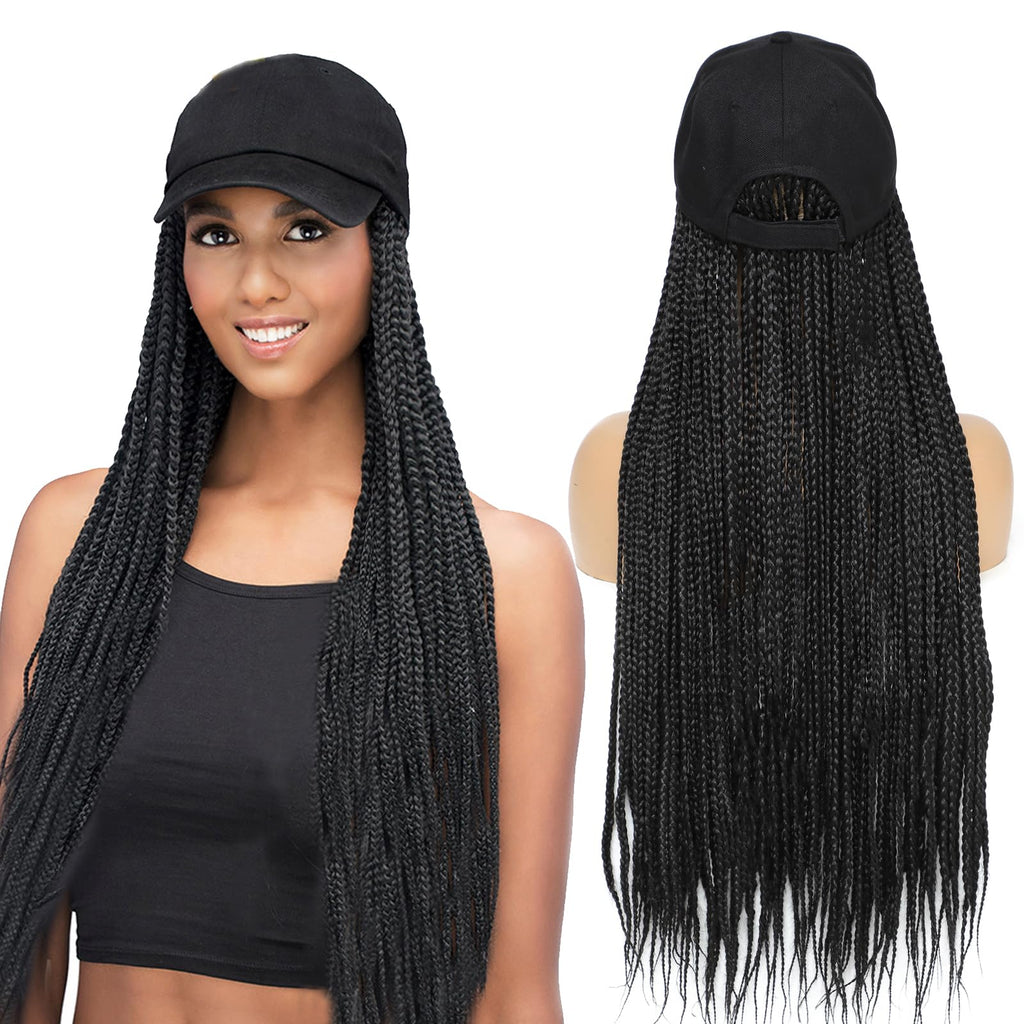 Yunkang Hat Wig for Women Baseball Cap with Braided Hair Attached Synthetic Black Box Braid Wig Hat Adjustable Cap with 24inch Black Braids for Daily Outdoor Use