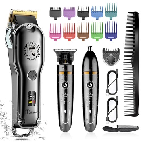 Hatteker Hair Clipper Cordless Barber Clipper T-Blade Beard & Nose Trimmer Grooming Kit Professional IPX7 Waterproof