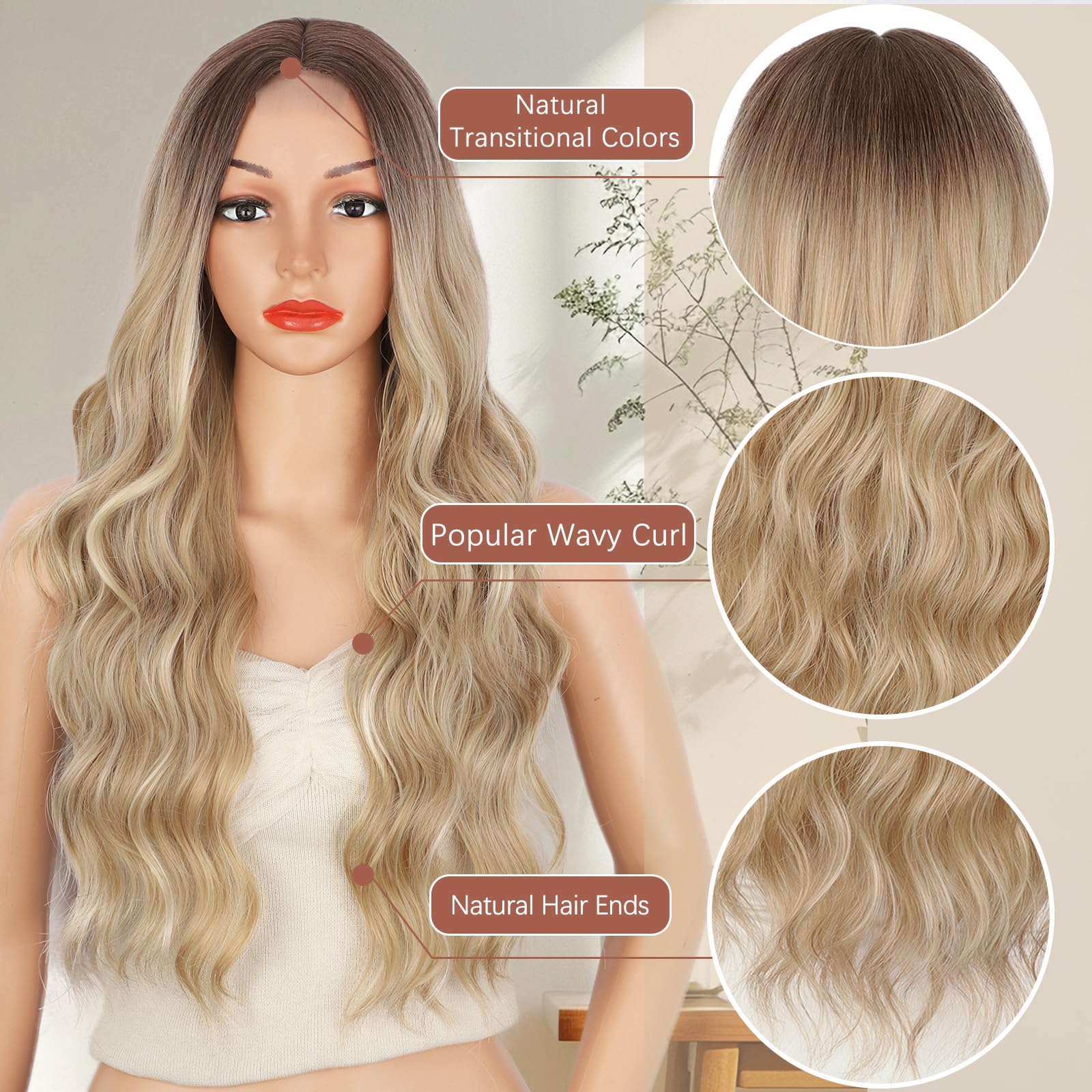 XIXIBI Long Blonde Wig Blond Wavy Wig for Women Beach Blonde Highlight Middle Part Wigs with Dark Root Synthetic Heat Resistant Natural Hair Wig for Daily Party