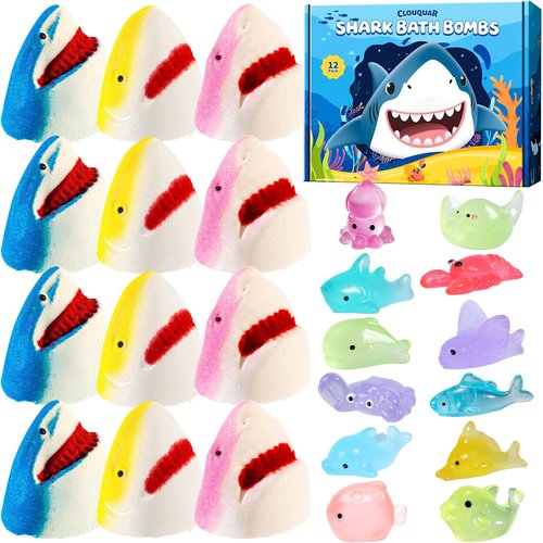 Shark Bath Bombs for Kids with Surprise Inside – 12 Pack Handmade Natural Clean Shower Bombs with Glow-in-The-Dark Ocean Toys, Great Christmas, Holiday & Birthday Gift for Boys Girls Kids Toddlers