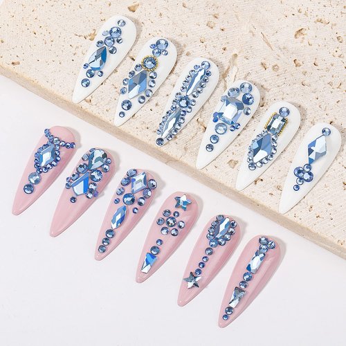 DZHILHMX Nail Rhinestones - 4300pcs Light Blue Crystals, Multiple Shape Gems, Flat Back Rhinestones, with Kit and Glue Gel, for Nail Art Decoration