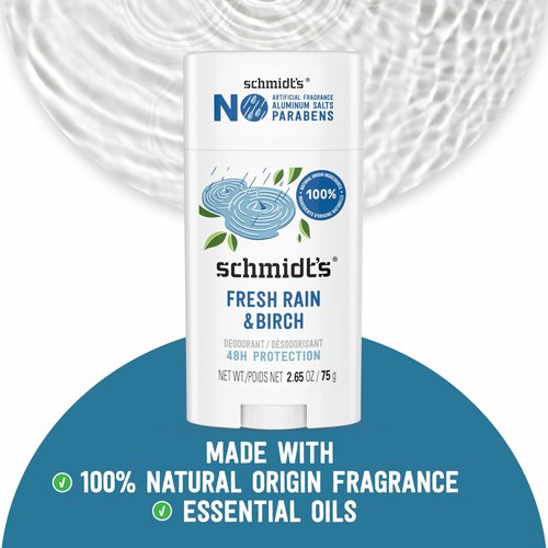 Schmidt's Aluminum-Free Vegan Deodorant Fresh Rain & Birch with 24 Hour Odor Protection, for Women and Men, Natural Ingredients, Cruelty-Free, 2.65 oz