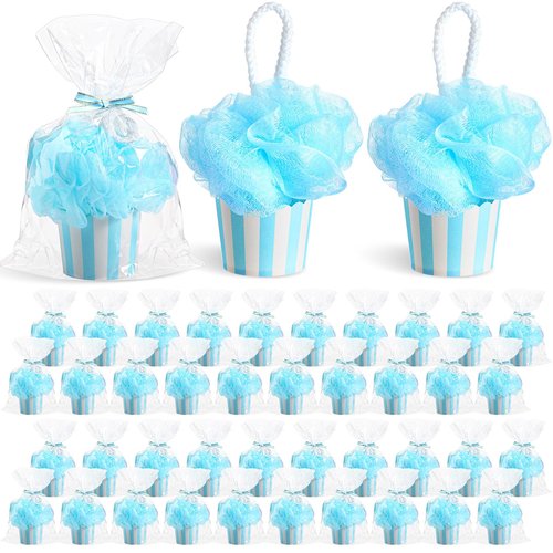 Afarnook 50 Set 50 Set Shower Loofahs for Guests Include Bath Sponge Loofahs with Cupcake Gift Packaging Bow and Clear Plastic Bags for Baptism Gender Reveal Birthday Wedding Stuffer (Blue)