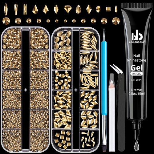 Multifunctional Rhinestone Kit - Gold Glass Nail Charms & Beads (2-5mm), UV/LED Gel Glue with Dotting Tools