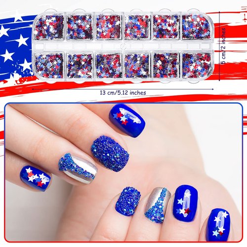 Maitys 16 Sheets 4th of July Nail Art Stickers Independence Day Nail Decals 3D Self-Adhesive Patriotic American Flag Sticker 12 Grids Star Glitter Sequins DIY 250th Anniversary Decoration Accessories