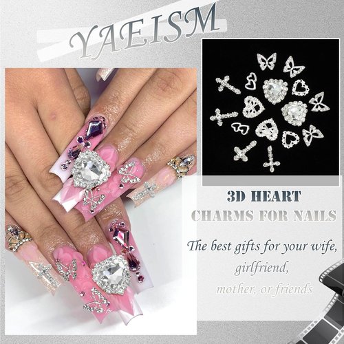 42PCS Silver Nail Charms Crystal Heart Nail Charms 3D Alloy Cross Nail Charms Metal Butterfly Charms Nail Gems Rhinestones for Women Nail Art and DIY Crafts, Small