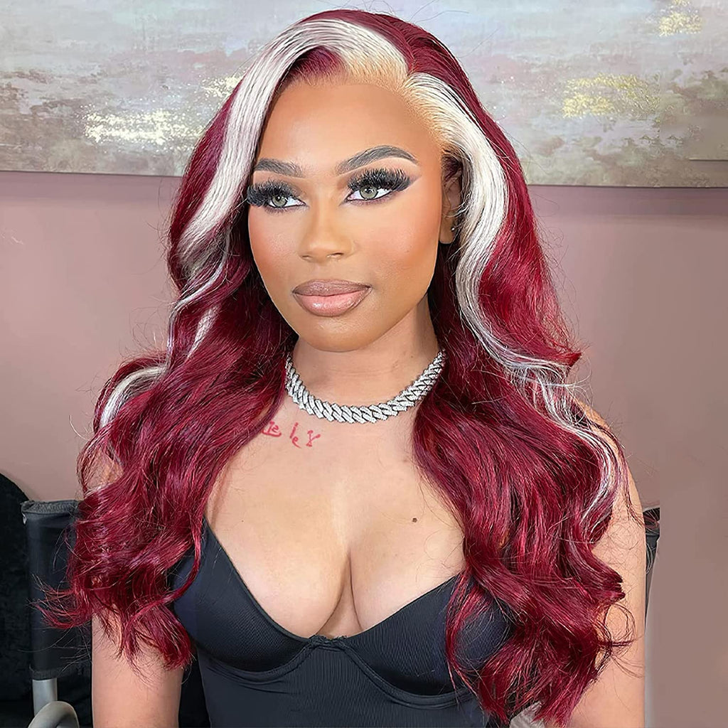 xiweiya Wigs Highlight Blonde Mixed 99J Wine Red Synthetic Lace Front Wig Long Body Wave 13 * 3 Hand Crochet Lace Wig with Heat Resistant Fiber Glueless Matte Wine Red Color Halloween Cosplay Wigs