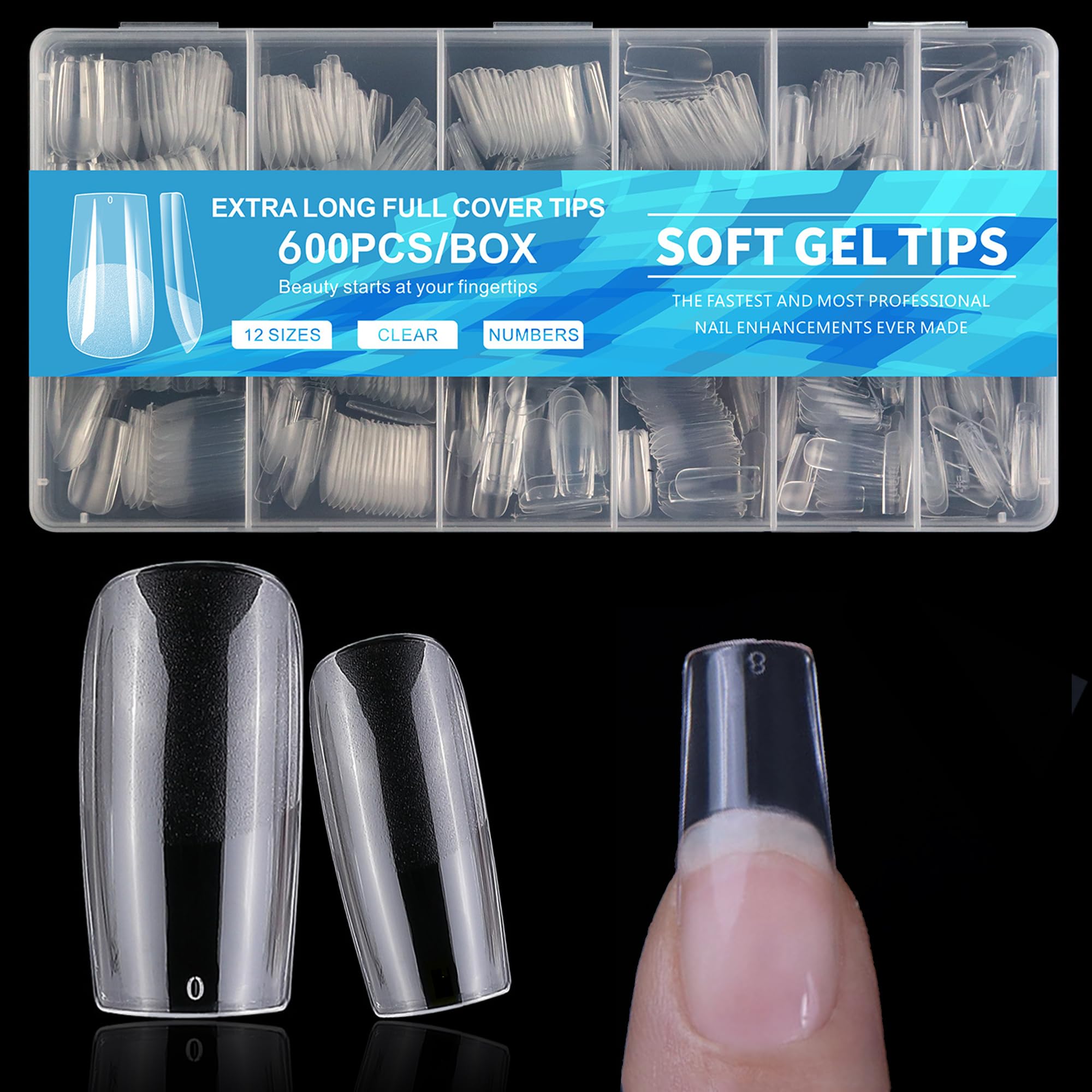 Zhousiart Square Nail Tips, 600pc Medium Gel Nail Tips Square Shape Clear Fake Nails Tips 12 Size Soft Gel Nails for Acrylic Nail Extension, Press on Nails Making