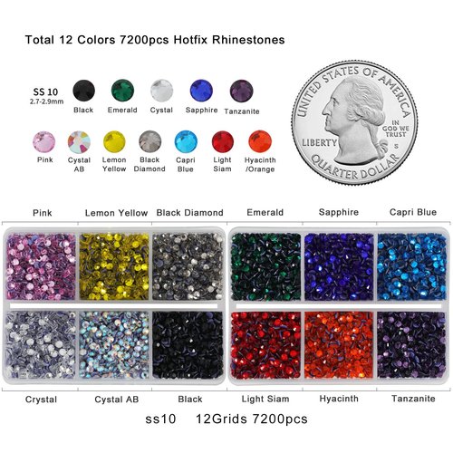 Hotfix Rhinestones Mixed 12 Colors, SS10 Rhinestones for Crafts Clothes, Hotfix Crystals with 1 Tweezers and 2 Wax Pencils