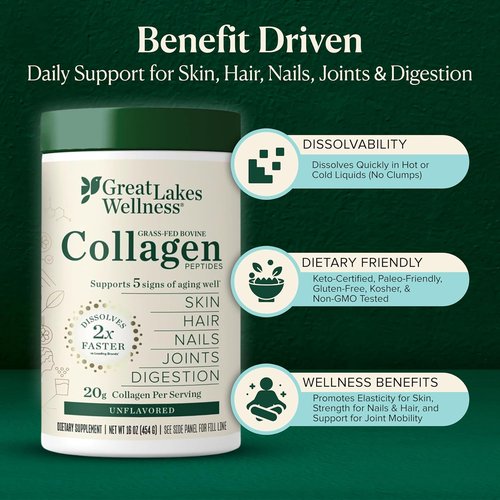 Great Lakes Wellness Collagen Peptides Powder - Hydrolyzed, Quick-Dissolve Formula for Skin, Hair & Joints | 16 oz, 22 Servings