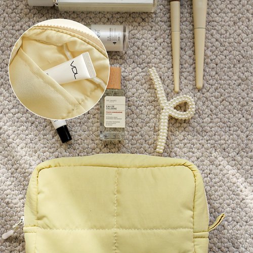 Veki Puffy Makeup Bag, Travel Cosmetic Bags for Women, Cute Quilted Make up Pouch, Toiletry Organizer Travel Essentials and Rectangular Quilted (Yellow, Small)