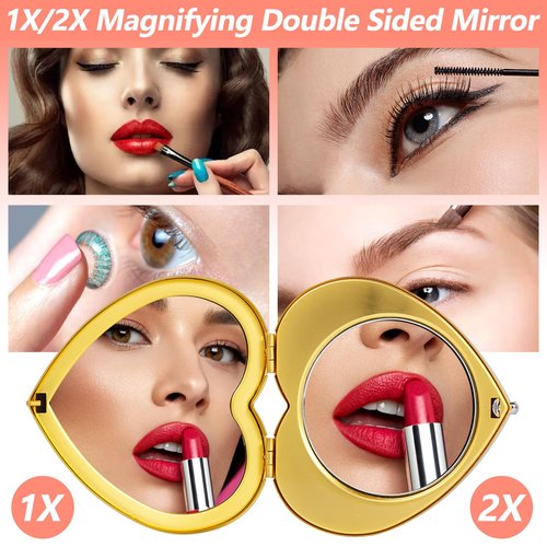 EYIWEITING Mini Heart Compact Mirror,Compact and Beautiful, Portable 1X/2X Magnifier, Sturdy, Perfect for Gifts (Pearl Gold)