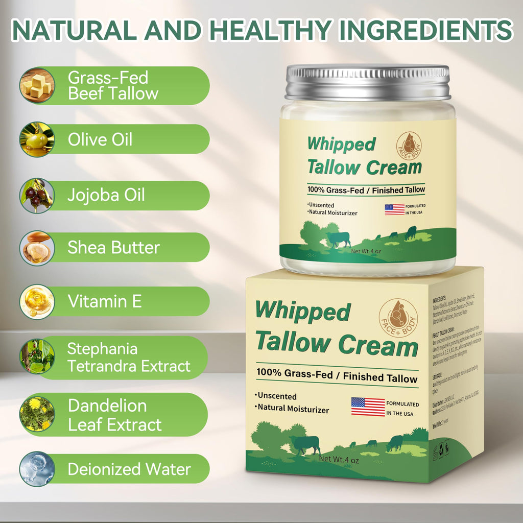 ZIIDII Beef Tallow for Skin, Organic Grass Fed Whipped Beef Tallow Balm Moisturizer Deeply Nourishing for Face & Body, Natural Unscented Tallow Face Moisturizer Cream for Dry Skin, 4oz