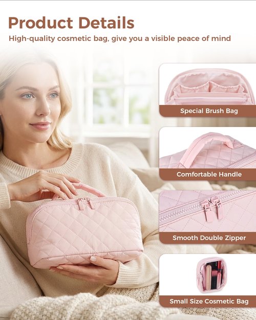 Travel Makeup Bag for Women, 2Pcs Large Capacity 180 Lay-Flat Toiletry Organizer with Brush Compartment, Waterproof Quilted Cosmetic Bag with Multiple Pockets for Travel, Vacation, Business Trip