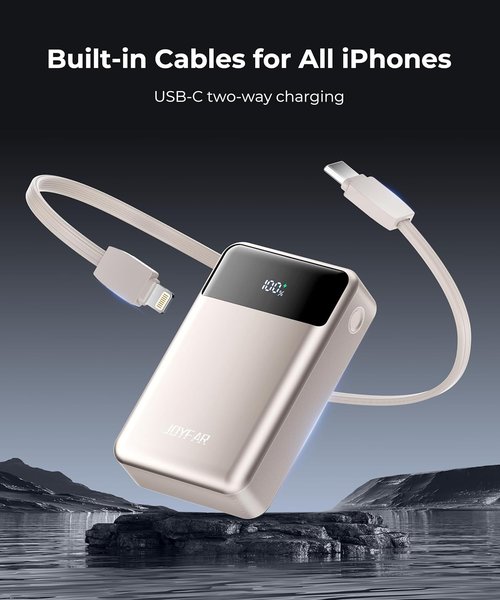 JOYFAR Portable Charger - 30000mAh Power Bank with Built-In Cable | Fast Charging for iPhone & More (Gold)