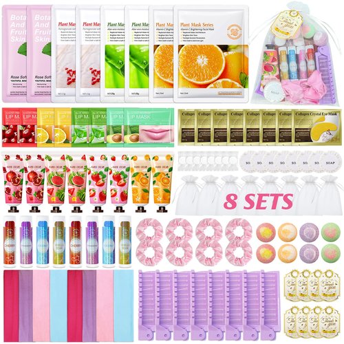 104PCS Sleepover Spa Party Supplies, Include Face Masks, Lip Balm, Hand Cream, Under Eye Patches, Lip Mask, Foot Bath Bombs, Hair Comb, Headband, Spa Birthday Kit for Women Girls Gift Skincare Set