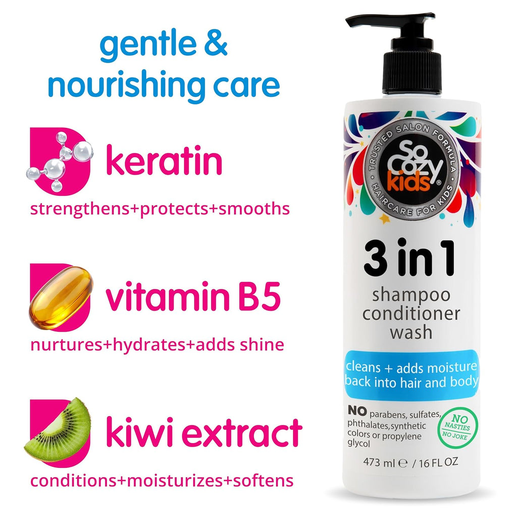 SoCozy 3-in-1 Kids Shampoo, Conditioner & Body Wash - Gentle Hydrating Cleanser with Keratin & Kiwi Extract (16 Fl Oz)