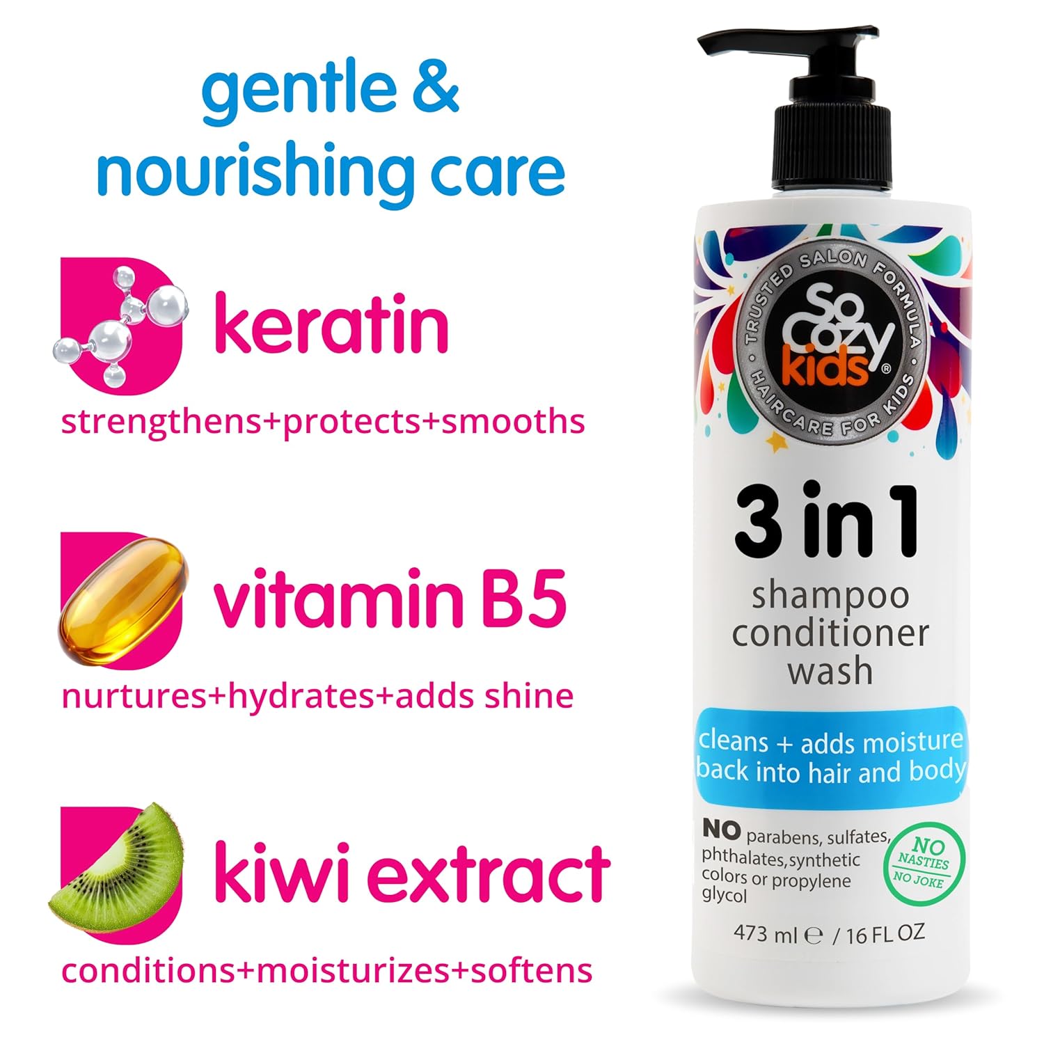 SoCozy 3-in-1 Kids Shampoo, Conditioner & Body Wash - Gentle Hydrating Cleanser with Keratin & Kiwi Extract (16 Fl Oz)