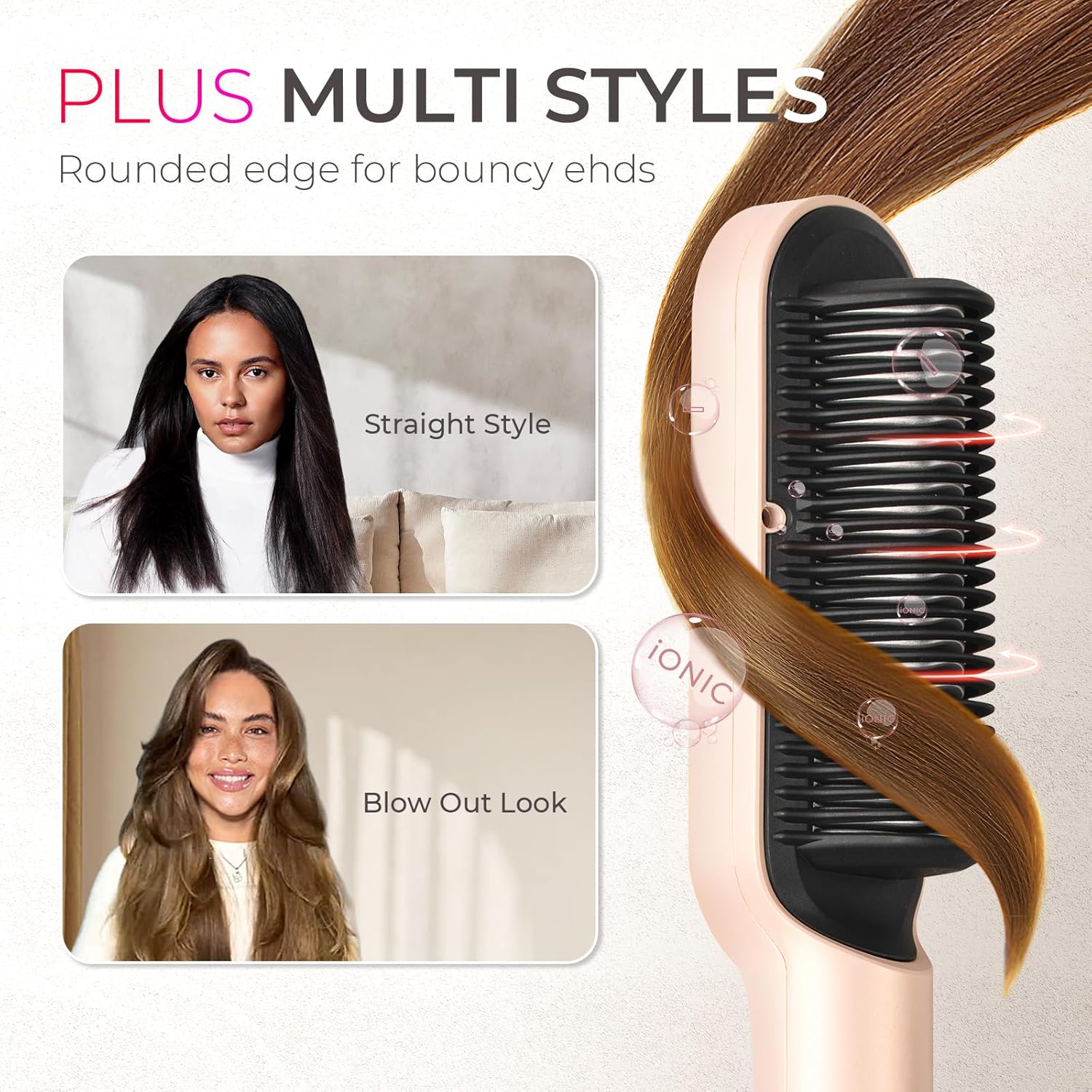 TYMO Ring Plus Ionic Hair Straightener Brush - Professional Titanium Comb with 9 Temp Settings & LED Display, Gold Blush