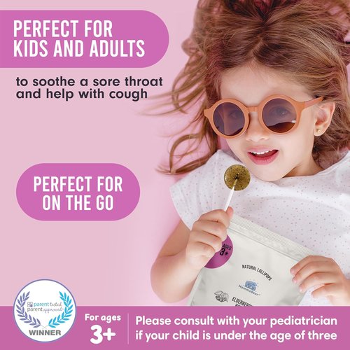 MommaBear Natural Sore Throat Care Lollipops - Organic Elderberry & Honey Kids Cough Relief | 10 Pack