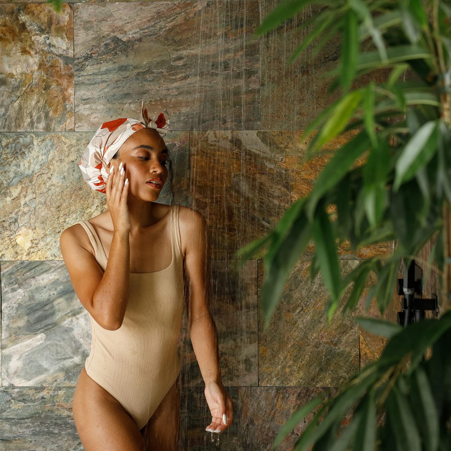 SMPL OBJECTS Luxury Waterproof Shower Cap for Long Hair - Fashionable Reusable Turban in Beige