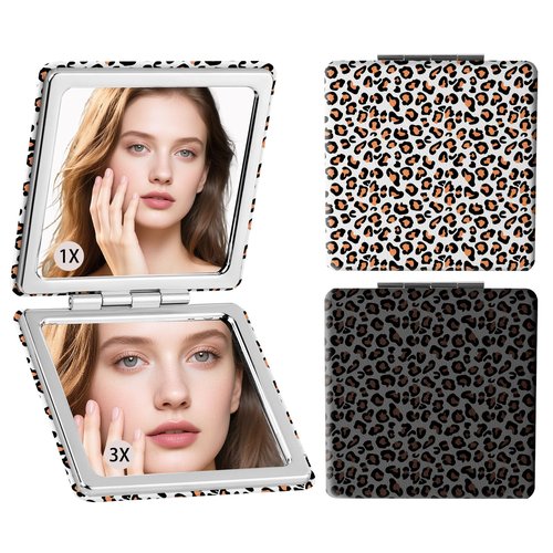 SU969QL 2-Pack Leopard Print Compact Mirror for Travel, 1X/3X Double Sided Magnifying Portable Pocket Handbag Handheld Foldable Cosmetic Mirror for Women