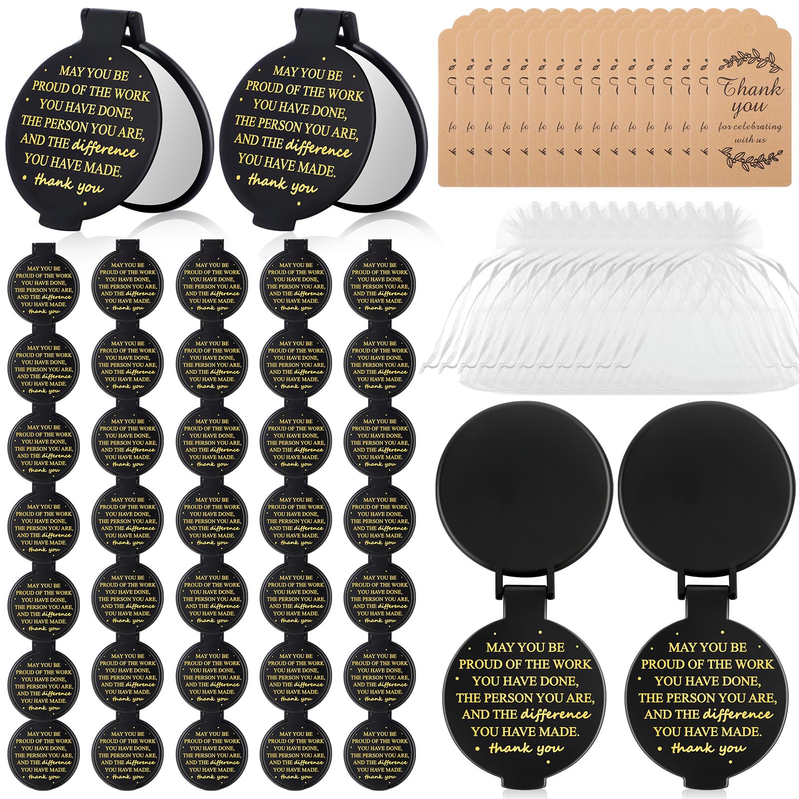 Wenqik 150 Pcs Employee Appreciation Gifts for Women Compact Mirror Bulk Thank You Gift for Staff Inspirational Compact Pocket Mirrors with Cards Organza Bags for Teacher Coworker
