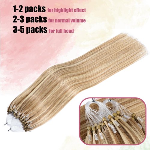 Kpvxxve Micro Ring Hair Extensions Human Hair Micro Loop Human Hair Extensions 1g/Strand 50g Natural Hair Micro Bead Hair Extension (#8/613 Ash Brown Mix Bleach Blonde, 16inch)