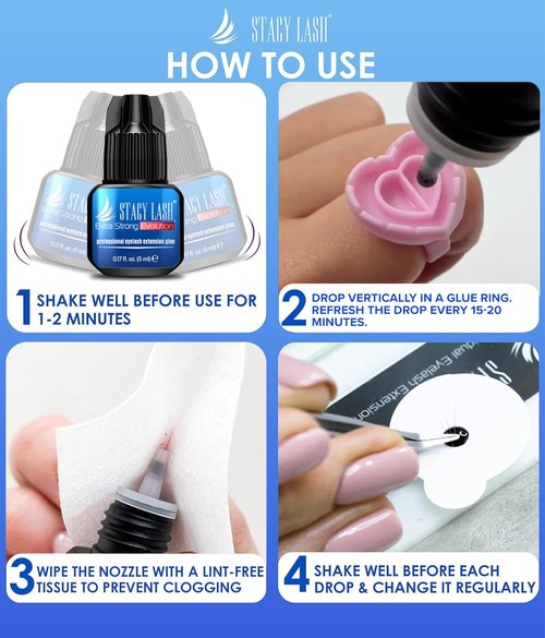 STACY LASH Extra Strong Evolution Eyelash Extension Glue (0.17fl.oz / 5ml) / 0.5-1 Sec Dry/Retention – 8 Weeks/Black Adhesive/Lash Tech Supplies + Glue Ring