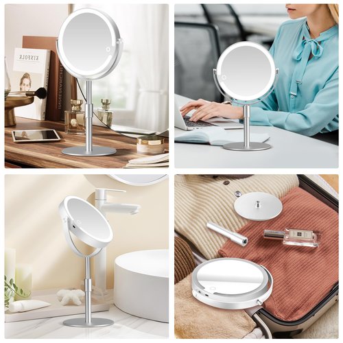 MOMOKUBA Magnifying Mirror with Light 20X, Height-Adjustable Lighted Makeup Mirror with Magnification, Double-Sided Aluminum Alloy LED Mirrors, 3 Lighting Modes Ideal for Bathroom Make-up, Silver