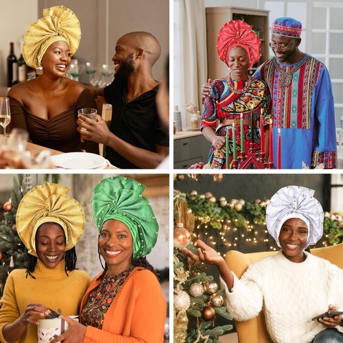 Nigerian headwear for Women African headscar,Auto Gele headband,hand wrap beaded - made for weddings parties events (Gold)