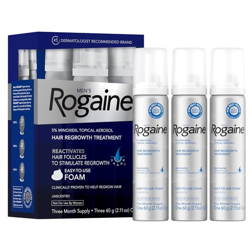 Rogaine Men’s 5% Minoxidil Foam - Clinically Proven Hair Regrowth Treatment | Unscented, 3-Month Supply (3 x 2.11 oz)