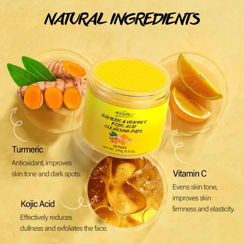 Turmeric Kojic Acid Cleansing Pads for Face 60 Pcs Turmeric Face Scrub for Dark Spots Vitamin C Exfoliating Pads Even Out Skin Tone with Exfoliating Cotton Rounds