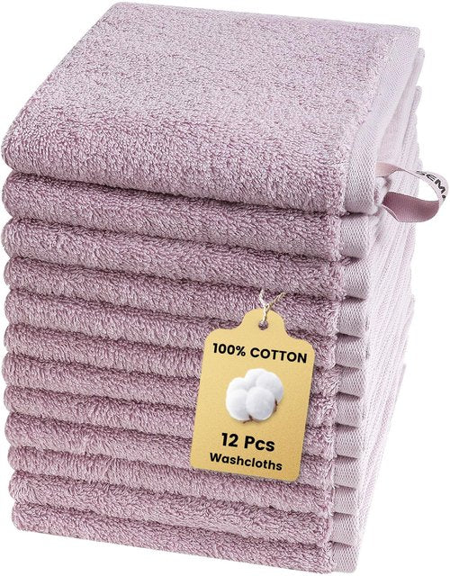 SEMAXE 100% Cotton Washcloths 12-Pack, 13 × 13 Inch Soft Luxury Face Towels – Super Absorbent & Quick-Dry, Premium Cloth with Hanging Loop, Oeko-TEX Certified, Gift-Ready Box, Purple