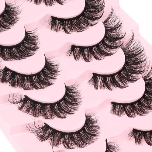 Fyonas Cat Eye Lashes Wispy False Eyelashes Fluffy Faux Mink Lashes 8 Pairs D Curl Fake Lashes Multi-layered Strip Lashes 8-18mm Lash Kit with Lash Glue and Tweezers (Hottie)
