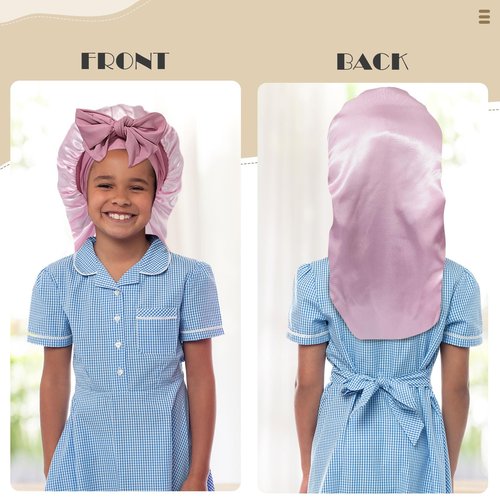 Kids Long Hair Bonnet for Sleeping - Double Layer Girls Elastic Satin Bonnet with Tie Band for Braid Curly Hair (Rose Gold+Pink)