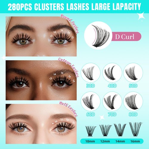 Lash Clusters Wispy 280PCS Eyelash Extension 40D Cluster Lashes Individual Lashes DIY Lash Extension Natural Look Cluster Eyelash Extensions Soft False Eyelashes at Home for Beginners(12mm)